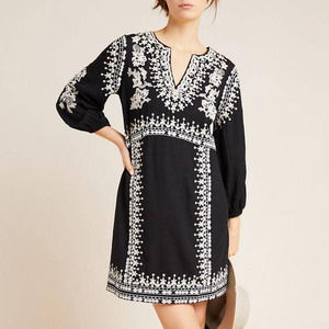 Anthropologie Mini Dress 10 Black Embroidered Maeve Shiloh Tunic Boho Shift EUC